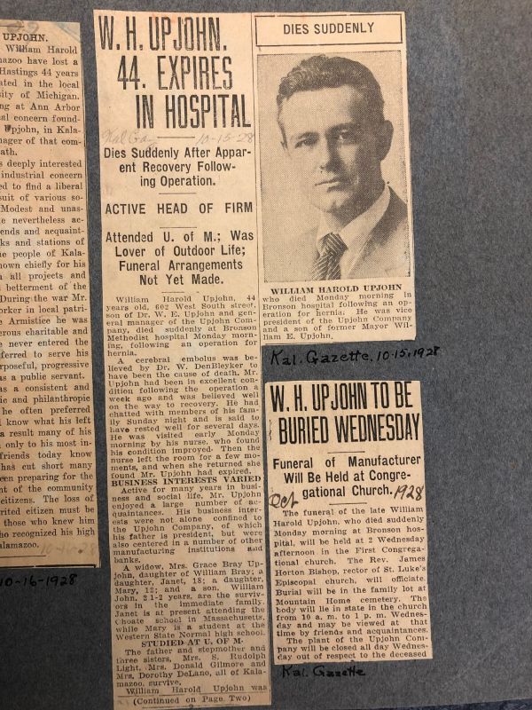 1928 - Harold Upjohn obit Harold Upjohn obit newspaper clippings