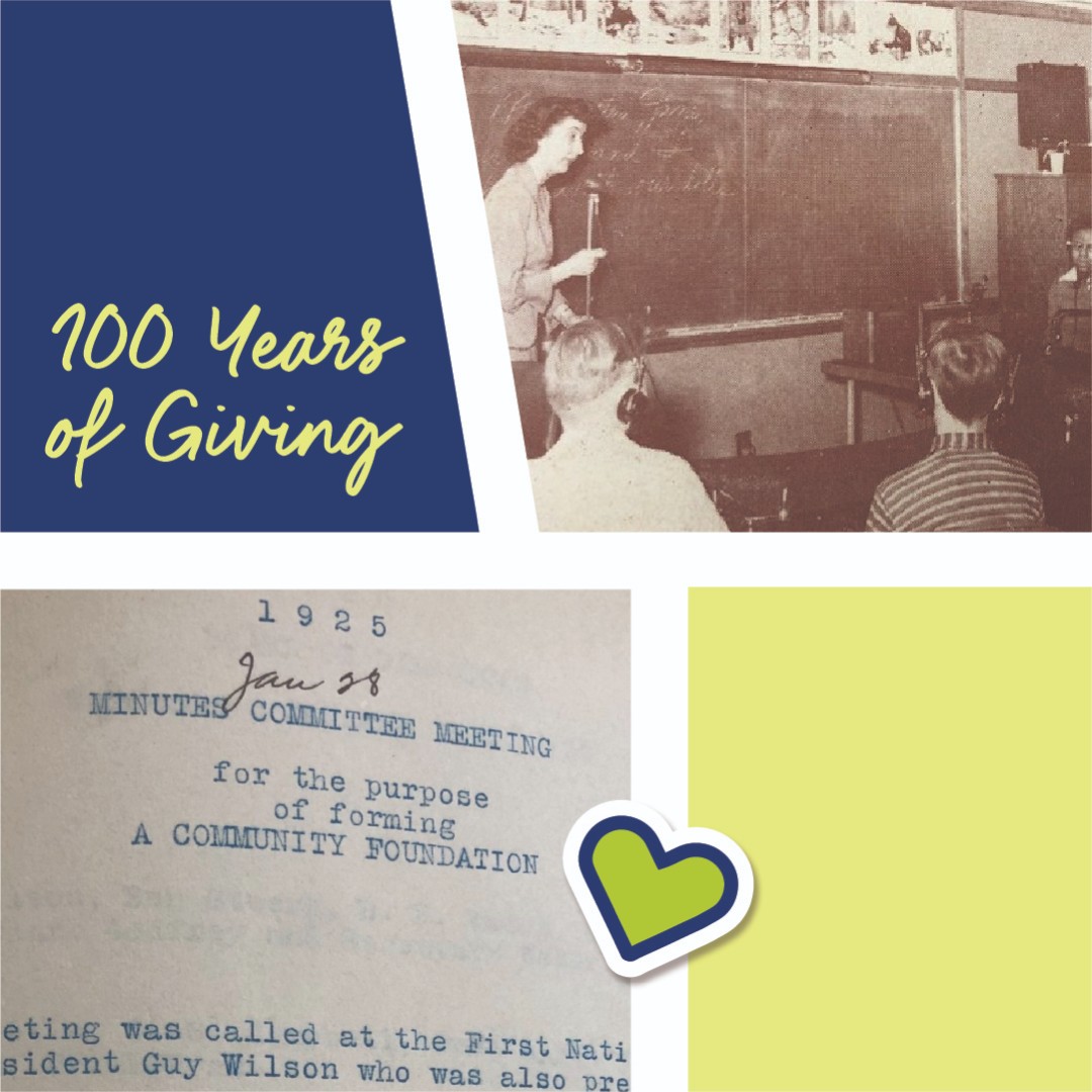 KZCF_Grid_Impact_100Years History page graphic with bold geometric grid design in navy and citrusy yellow. Features an icon of a heart, two historic photos, and vibrant color blocks. The text says 100 years of giving.