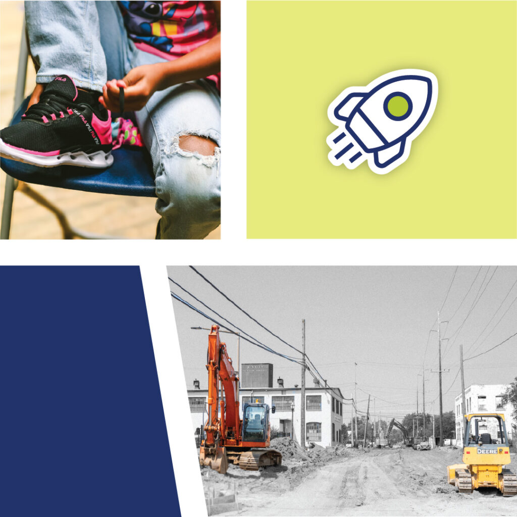 KZCF_Grid_Financing Rocket icon with construction and nonprofit impact investment photo collage