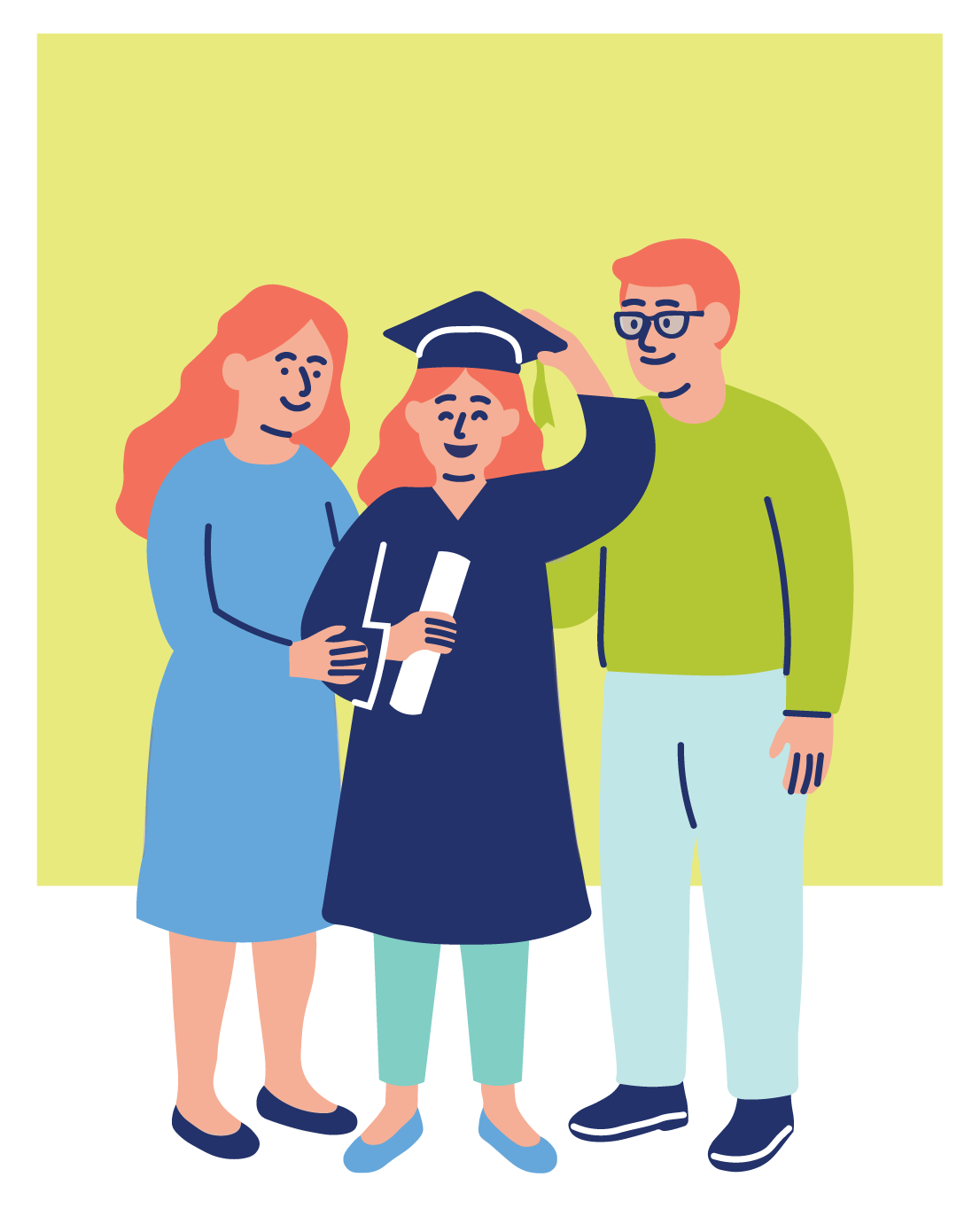 Illustration of a graduate with her support network.