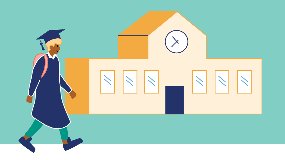 Illustration of graduate walking past a school building.