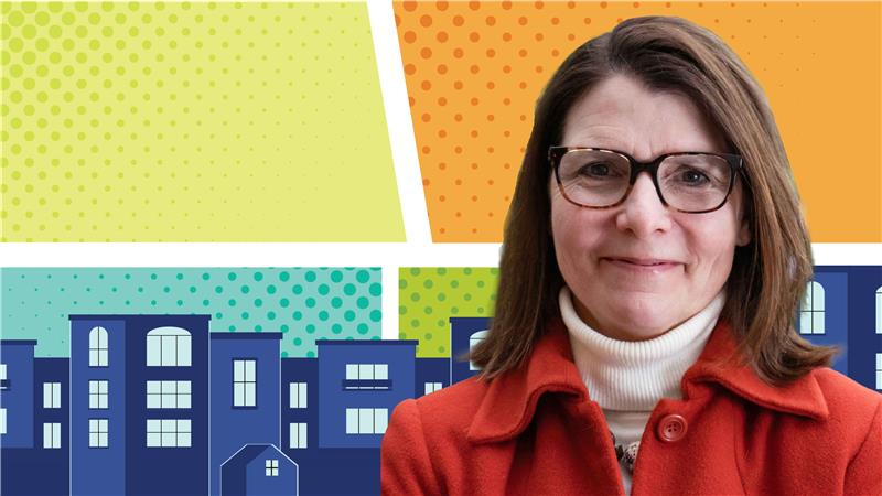 Image of Joanna Donnelly Dales in front of colorful grid background with city skyline