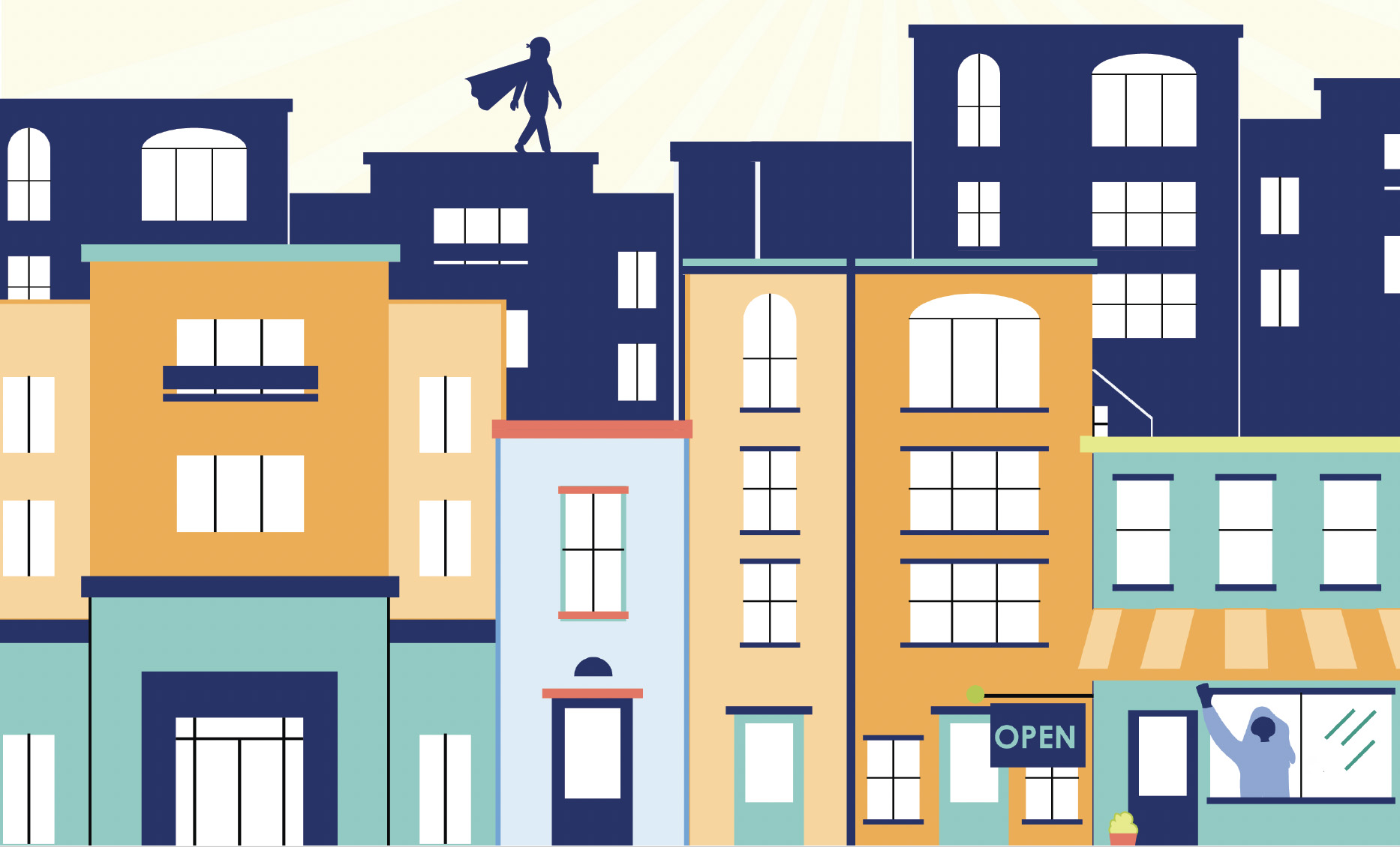 Illustration of a city scape with colorful buildings and a silhouette of a superhero walking along the roof tops