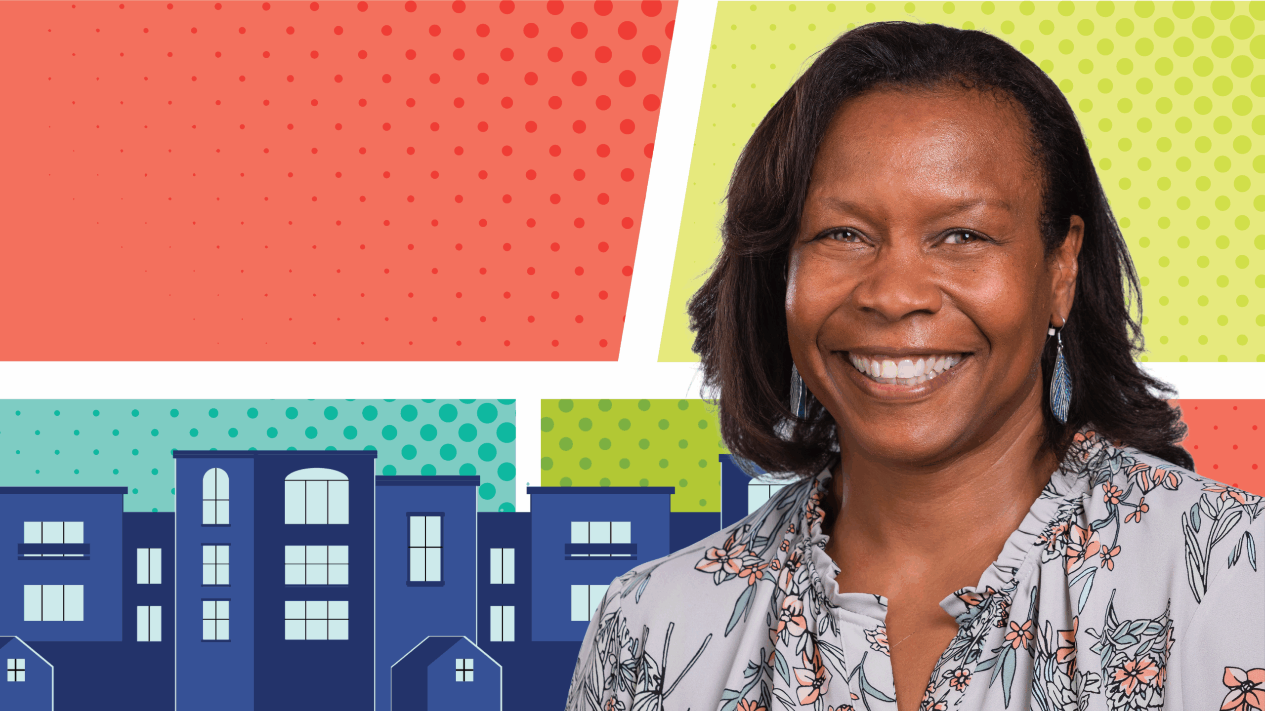 Photo of Dr. Regena Nelson in front of colorful grid background with city skyline