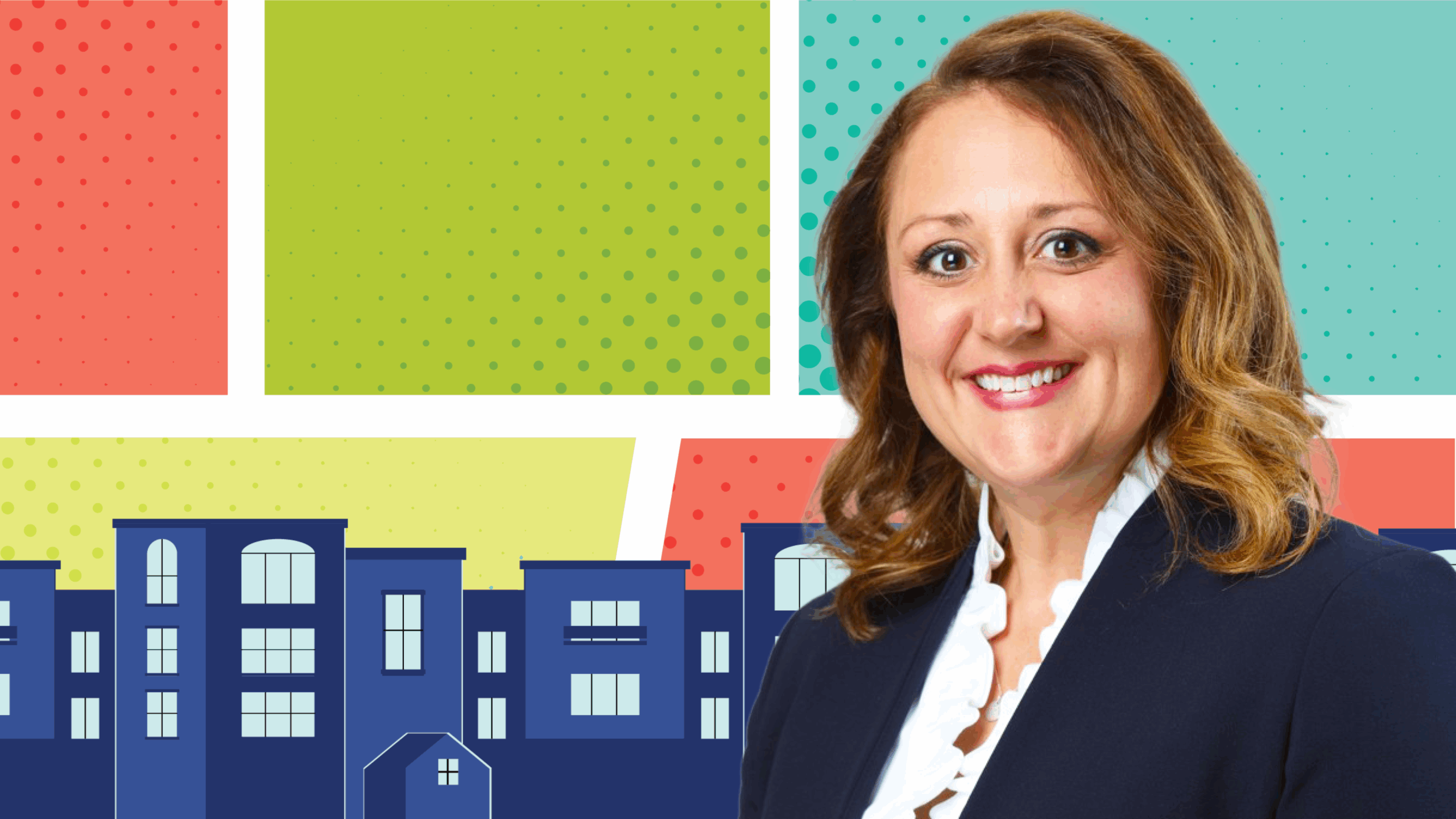 Image of Shaunna Padgett in front of colorful grid background with city skyline