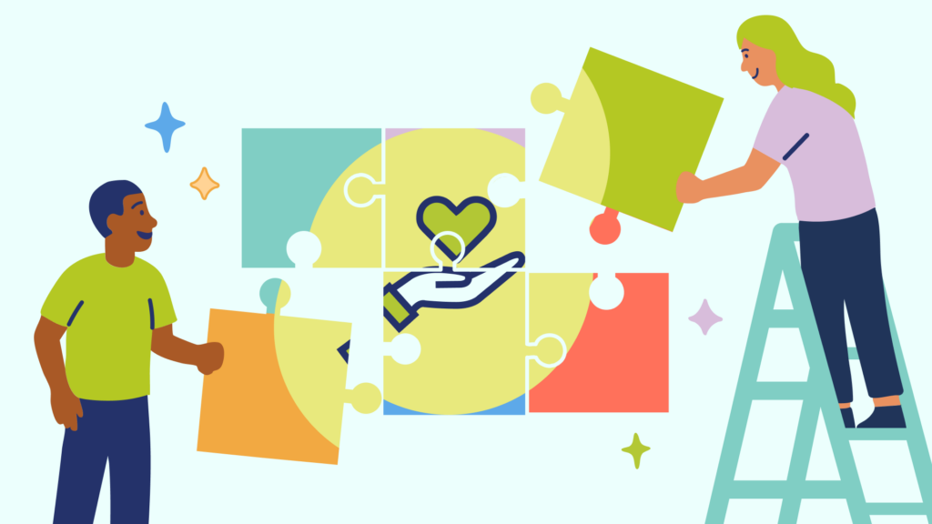 Illustration of two people putting together a small puzzle that features a hand holding a draeing of a heart