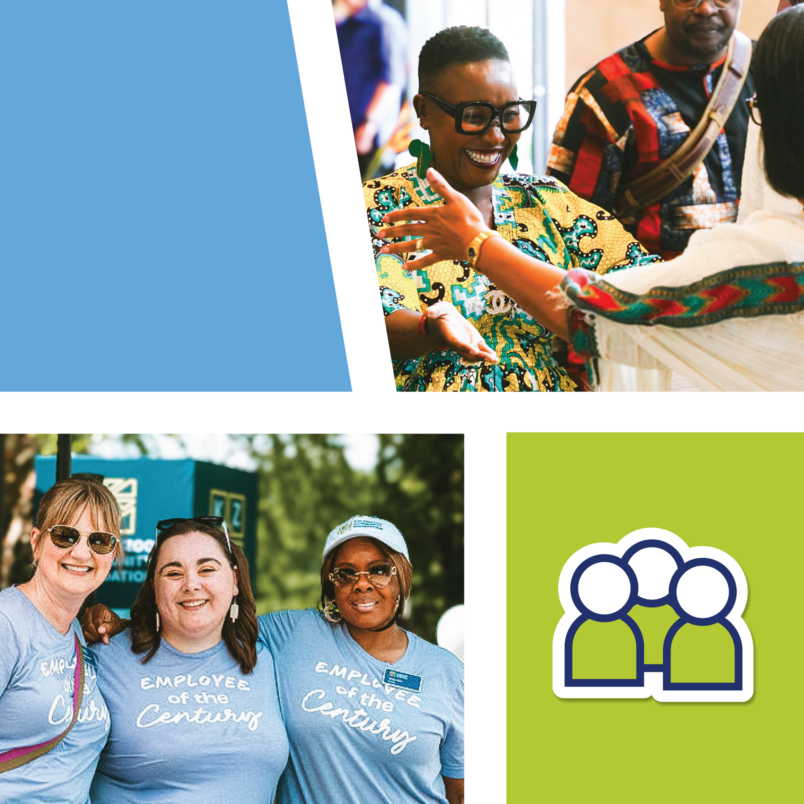 Various photos of KZCF staff members out in community and an icon of three illustrated individuals.